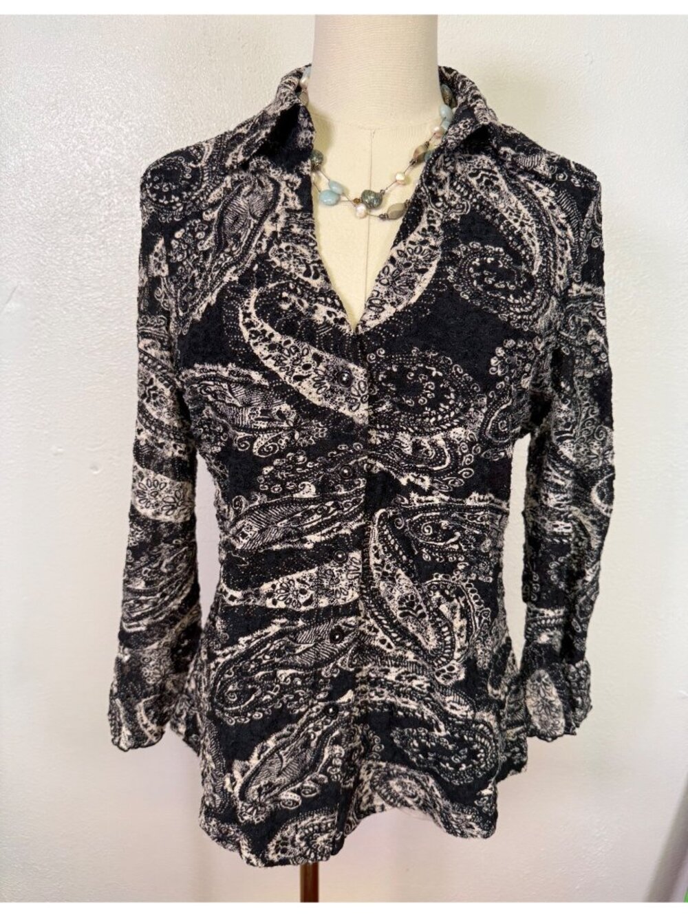 INC Black White Paisley Button-Down Lace Blouse Flared Sleeves Whimsigoth Large